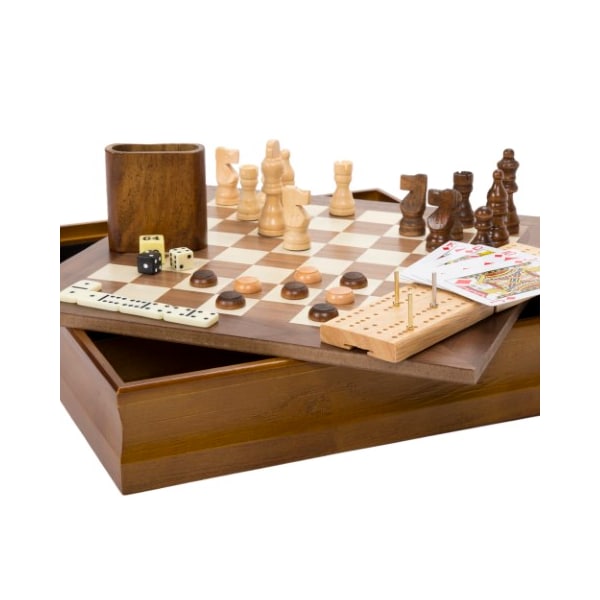 7-in-1 Classic Wooden Board Game Set with Night Cards, Dice, Chess, Checkers, Backgammon for Family